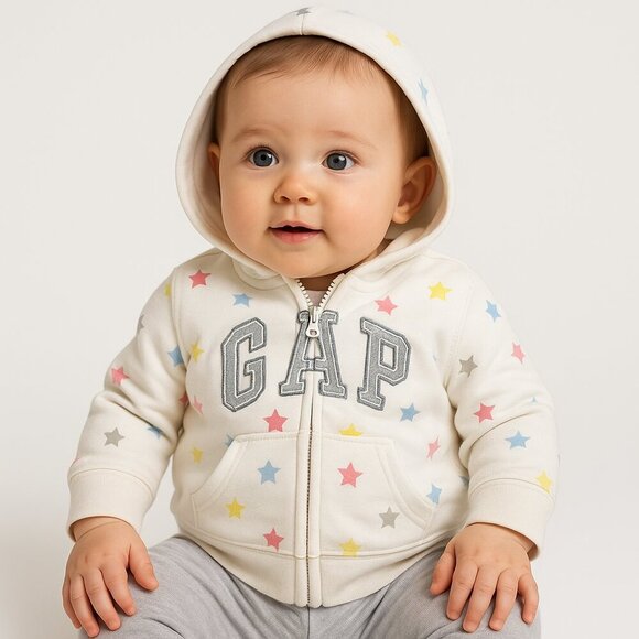 Baby Gap New Logo Zip Hoodie Cream Stars 0-3M NWT - Picture 1 of 7